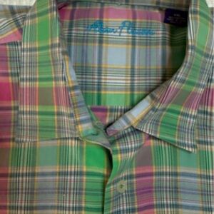 Alan Flusser Green and Pink Plaid Cotton Button-Down Shirt
